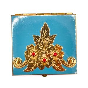 Rex Fifth Avenue Vintage Teal Enamel Gold Tone Rhinestone Compact Unused